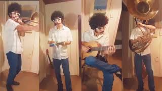 um musico aparece em uma montagem tocando 4 instrumentos, entre eles um trompete, um violão, um trombone e um pandeiro.