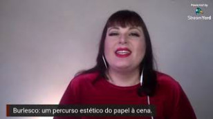 artista centralizada em um fundo branco com a frase "Burlesco: Um percurso estético do papel à cena" em baixo.